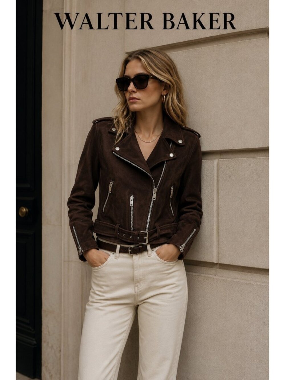 Walter Baker Women’s S Brown Lamb Suede Leather Moto Biker Jacket Belted